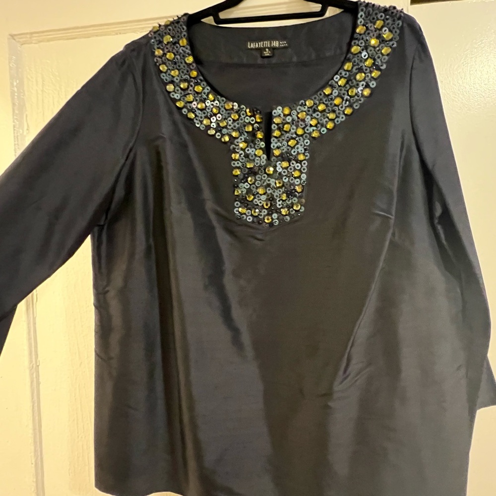 Lafayette 148 New York Navy Silk Shantung Blouse